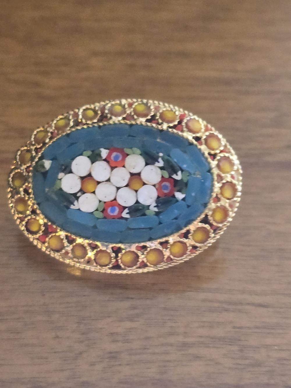 Vintage Made In Italy Blue and Gold Floral Micro Mosaic Brooch